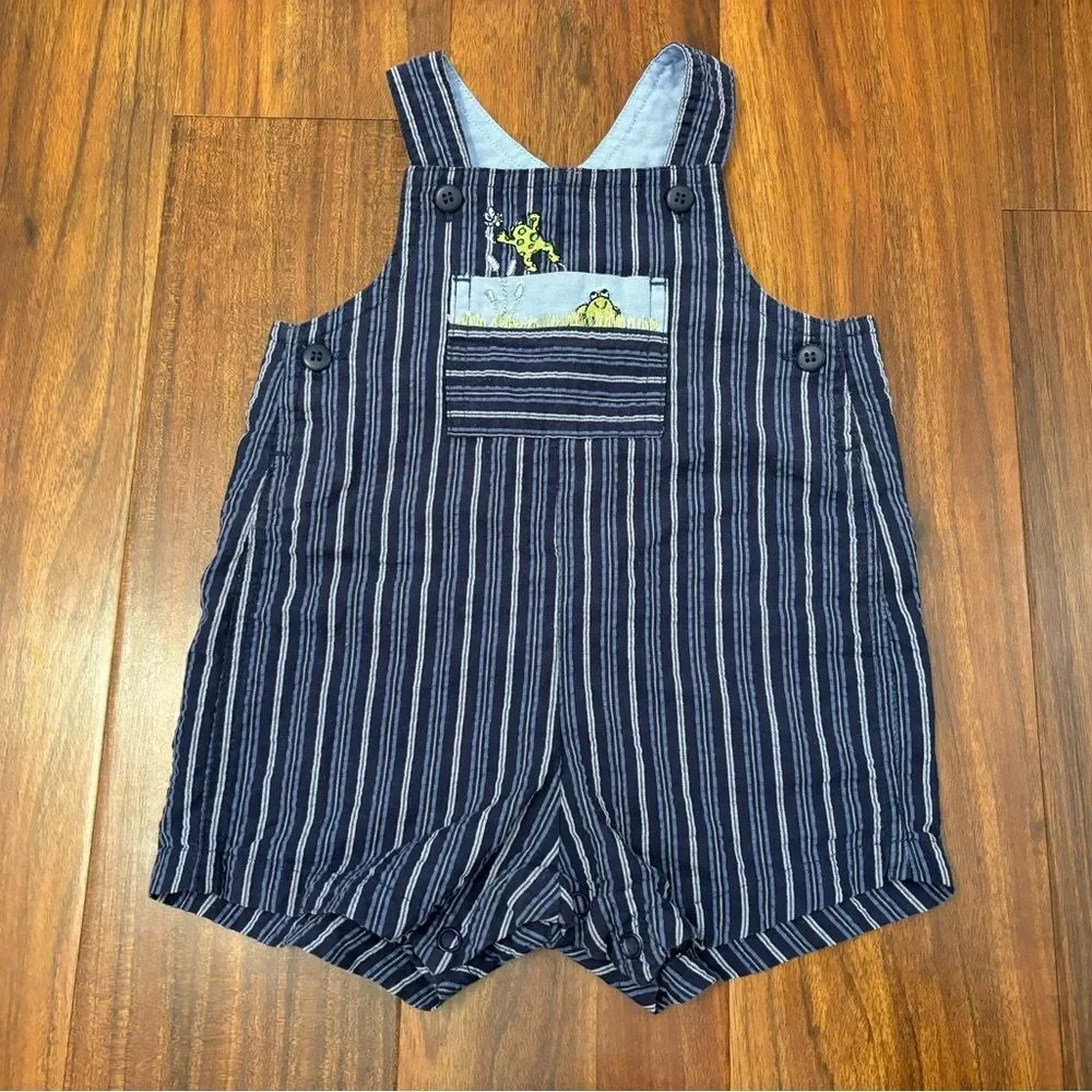 Carters vintage blue stripe embroidered frog seersucker overall shorts