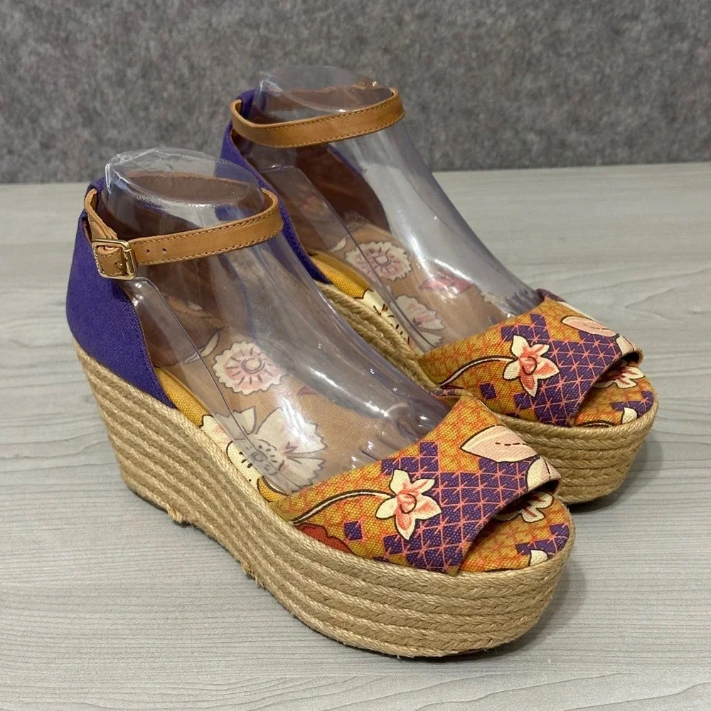 Tory Burch Sherri Mid Wedge‎ Espadrille Sandals Floral Ankle Strap Women's Sz 8