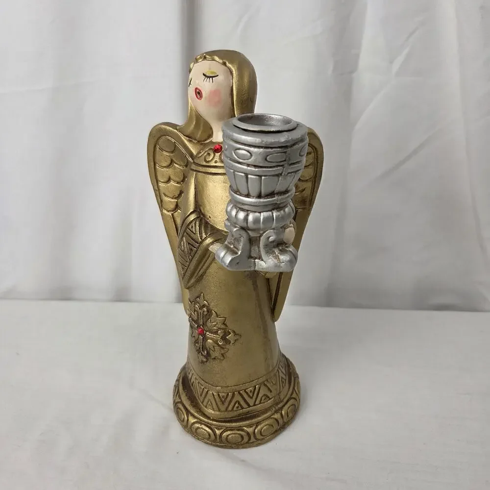 Mid Century Christmas Angel Candle Holder 1960s Gold Holy Hark Herald Sing