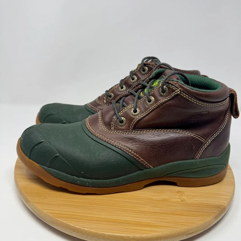 John‎ Deere Mens Leather Duck Boots Green Brown Lace Up Ankle JD3413 Size 10M