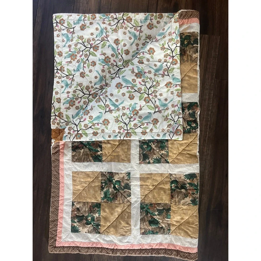 Handmade Reversible Patchwork Quilt Tropical Bird Floral Brown Pink 48
