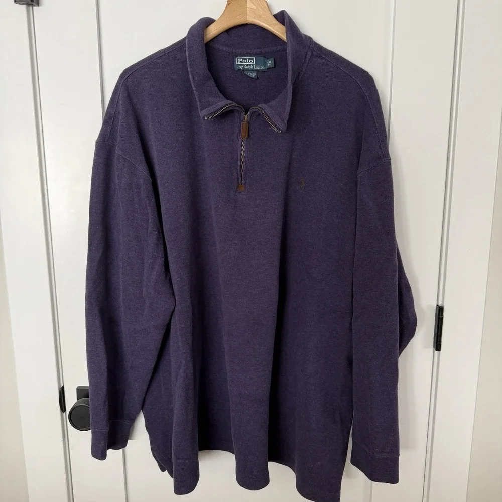 Polo Ralph Lauren Sweater Mens 4XB Big Purple Quarter Zip 100% Cotton Green Pony
