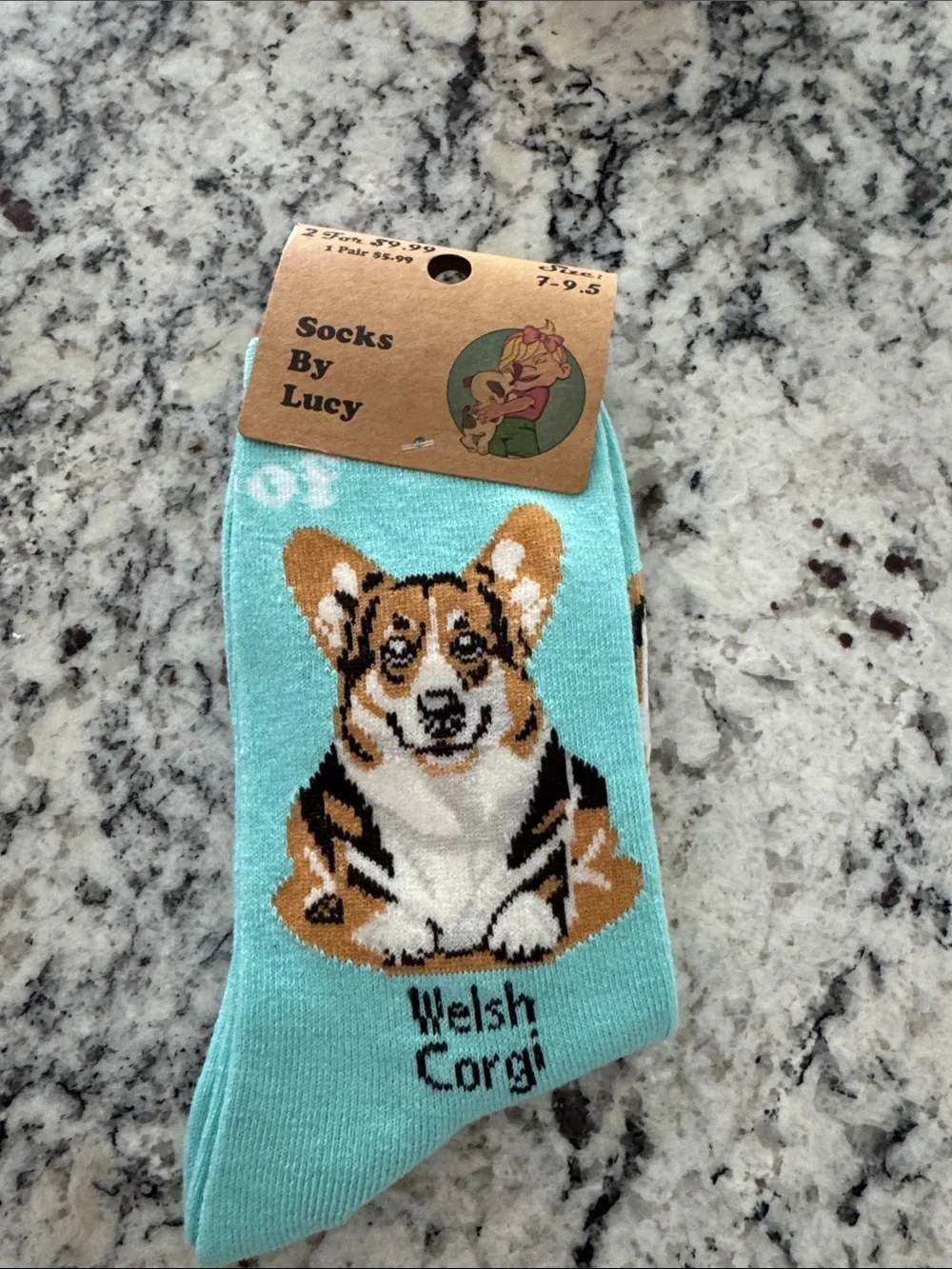By Lucy Welsh Corgi Dog Crew Socks - Light Teal