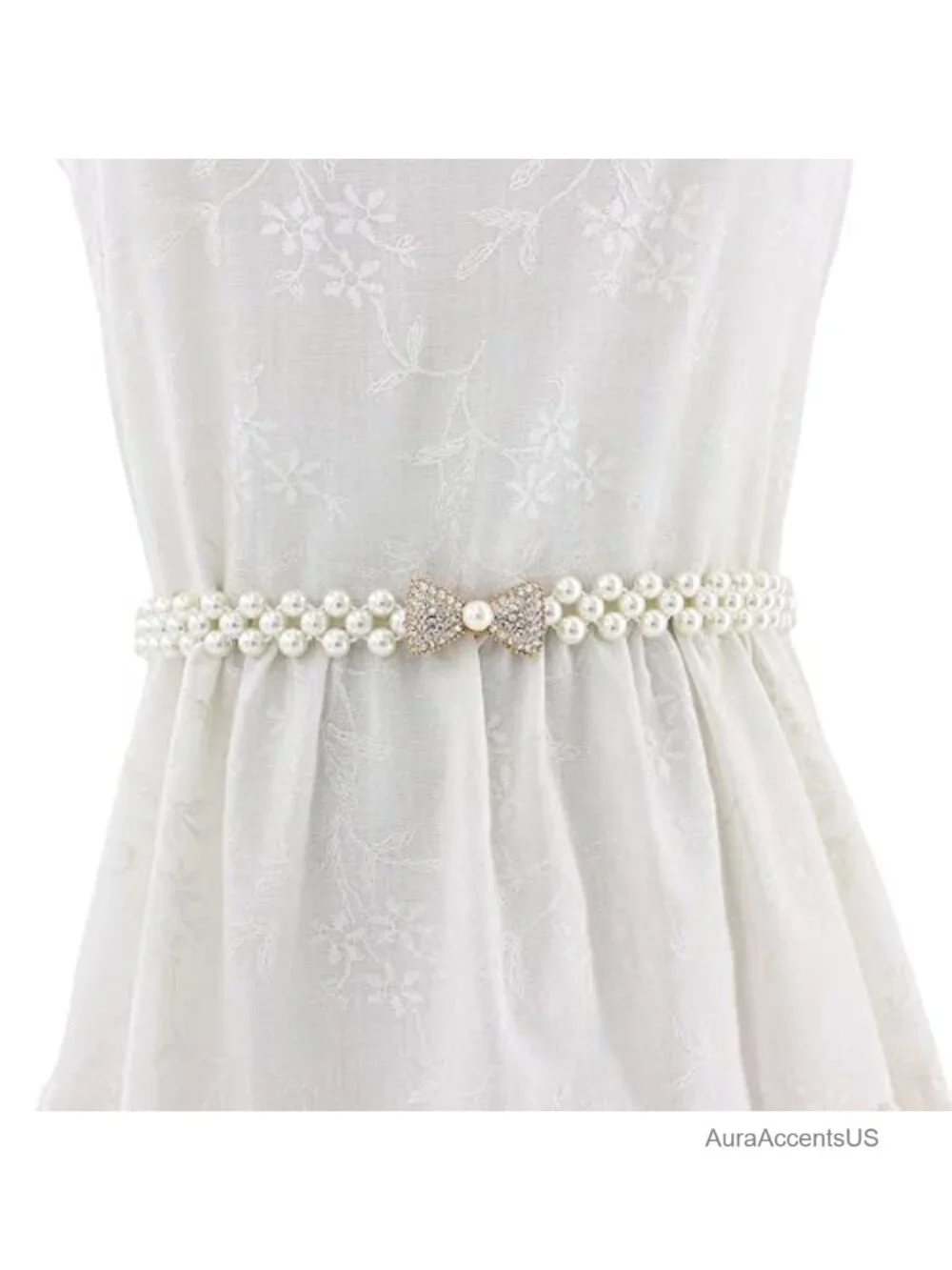 Rhinestone Bow Elastic Waist Belt with Pearl Accents for Dresses