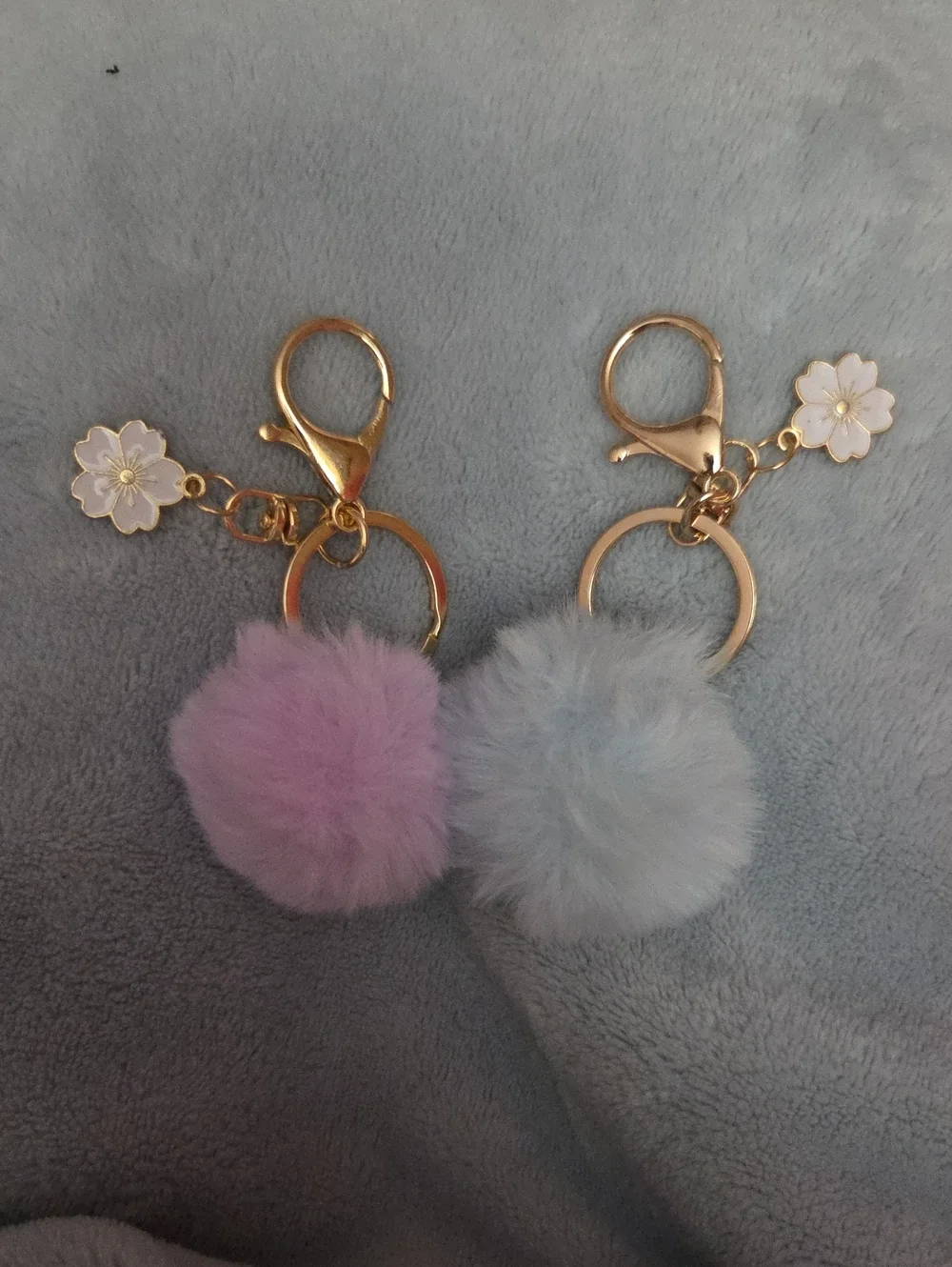 Keychains 2 Gold Pom-Pom Keychain with Pink and Light Blue Fur  NWOT