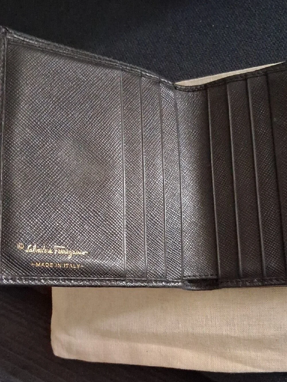 Salvatore Ferragamo Black Leather Bifold Wallet with Silver-Gold Gancini