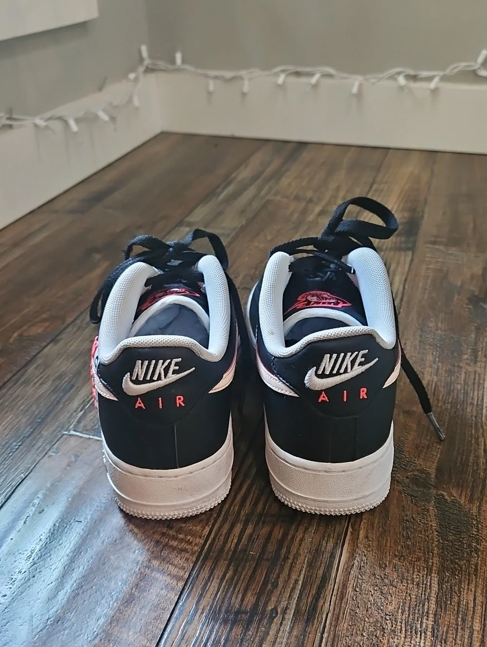 Nike Air Black Leather Sneakers with Peachy Pink Swoosh & World Worlwide Emblem