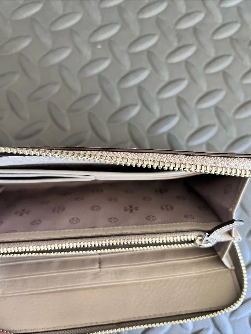 Tory Burch Zoey Perforated Laser Cut Zip Around Wallet French Grey Leather