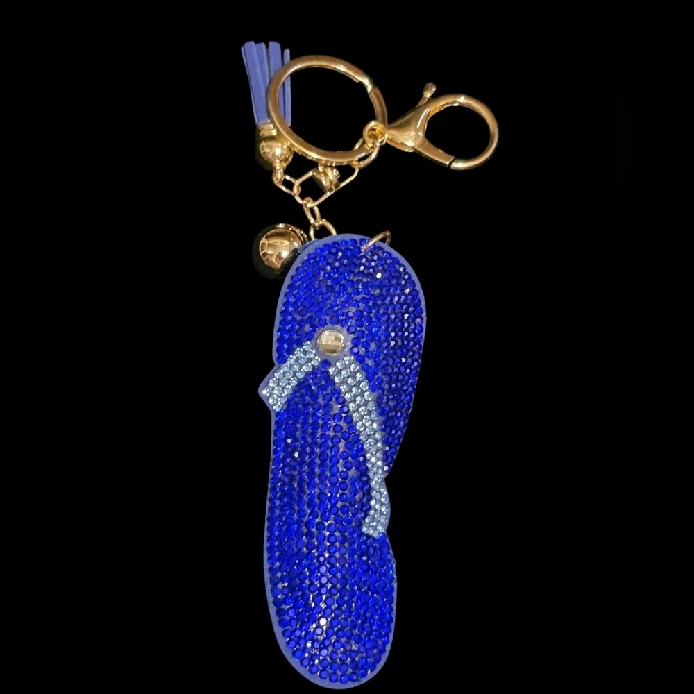 Blue Rhinestone Flip-Flop Bag Charm / Keychain with Tassel