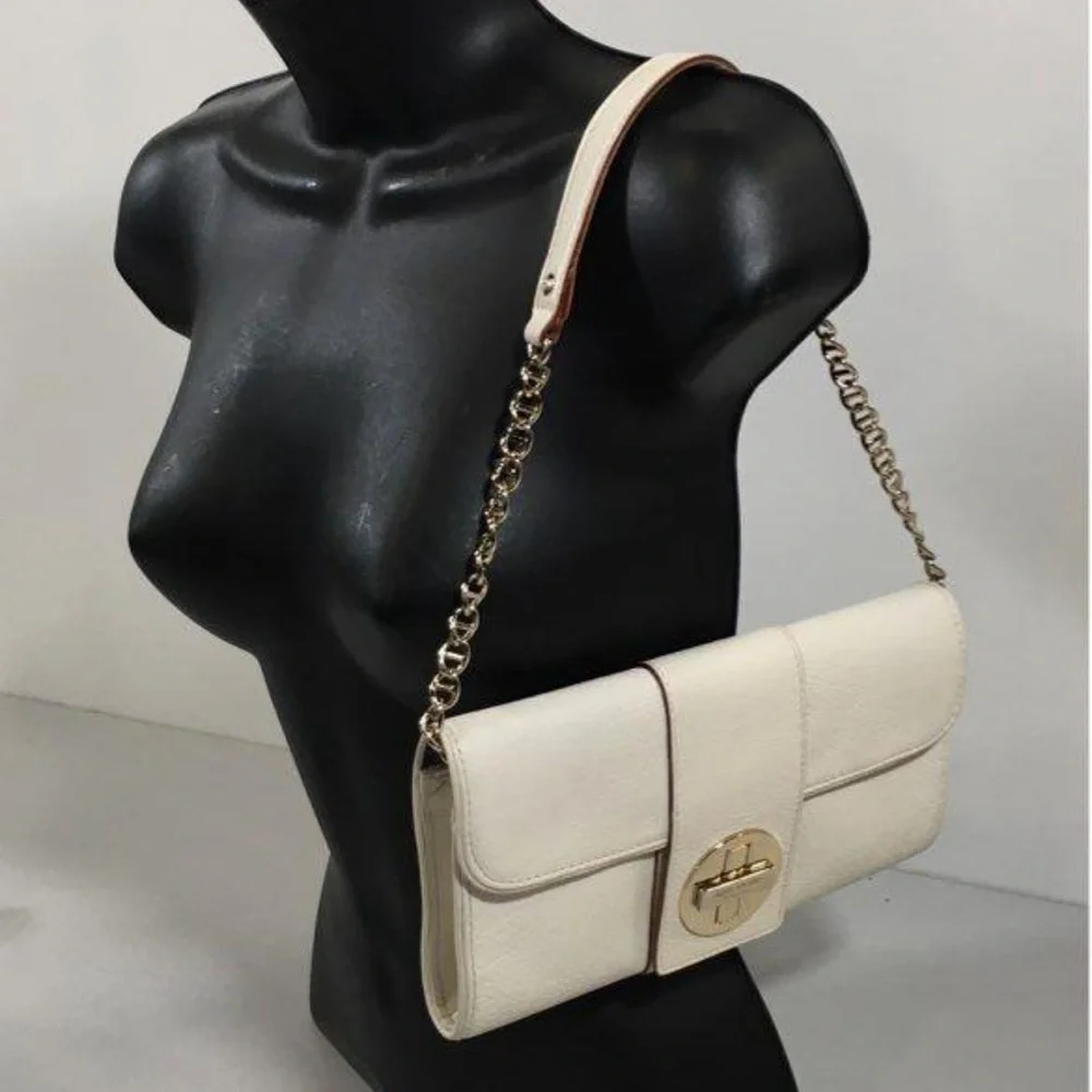 Women’s Kate Spade Turnlock Chic White Leather with Gold Chain Crossbody Bag