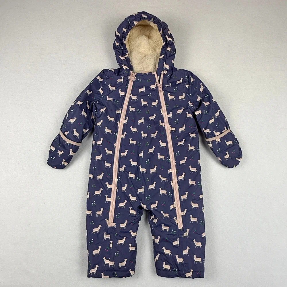Baby‎ Boden Snowsuit Kids 12-18 Mos Navy Blue Deer Print Fleece Lined Bunting