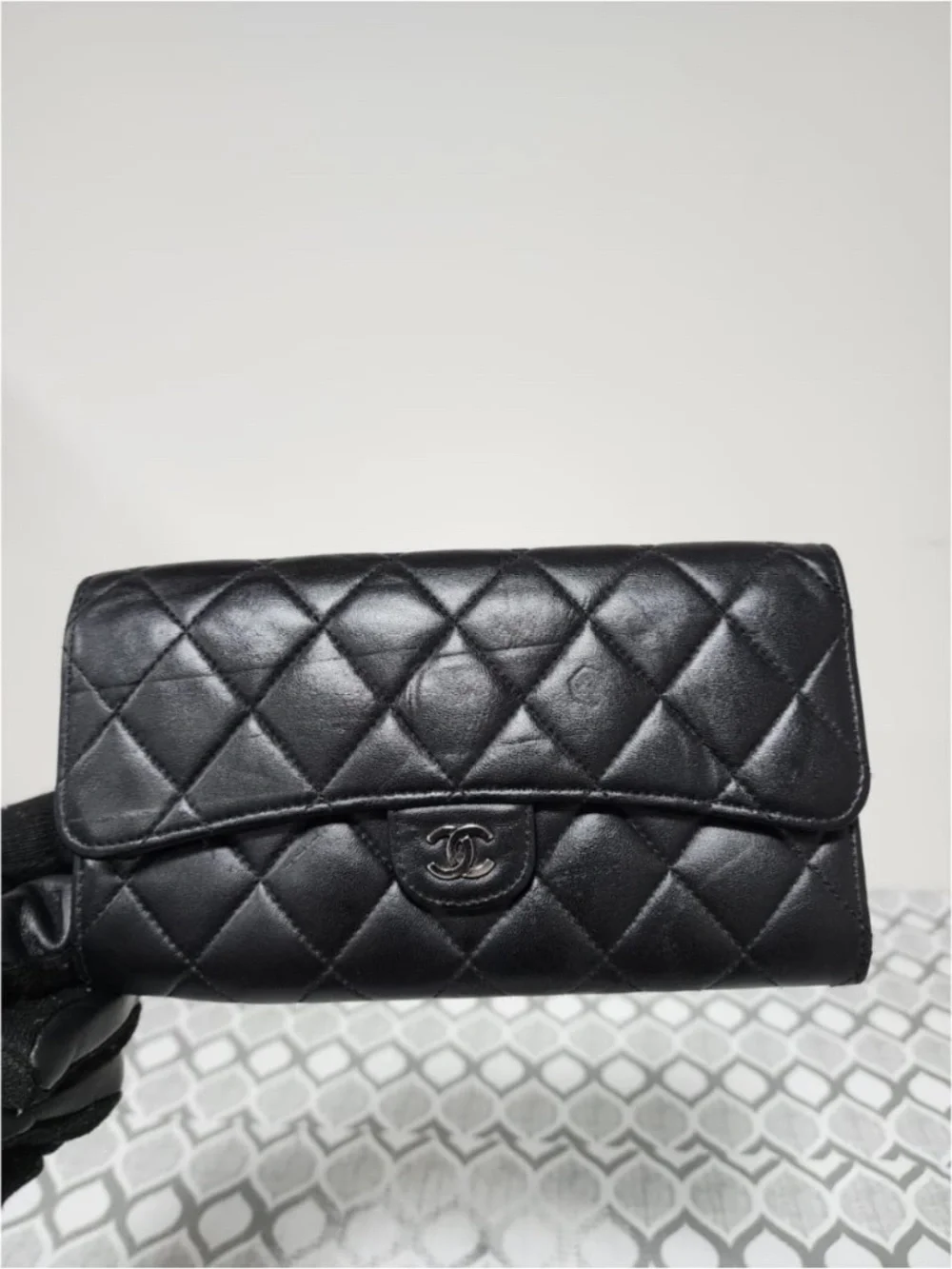Authentic CHANEL Lambskin Quilted Large Flap Wallet Black