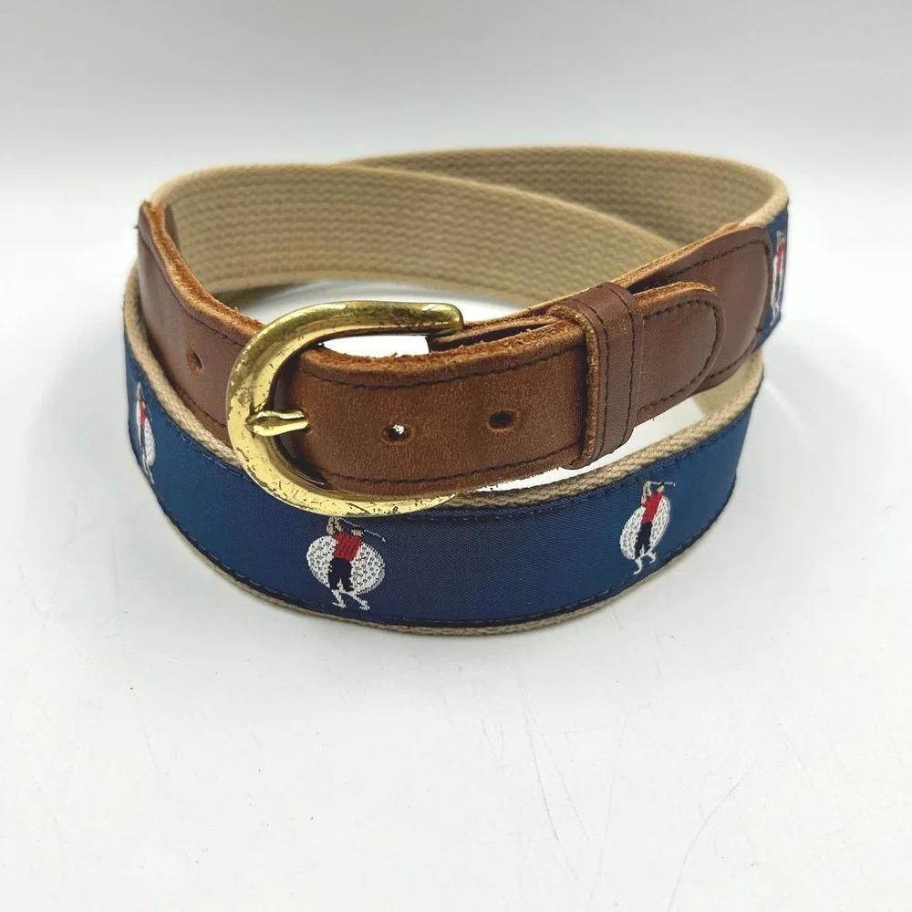 Surcingle Belt Navy Blue Mens Size 36 Embroidered Golfer Canvas Leather