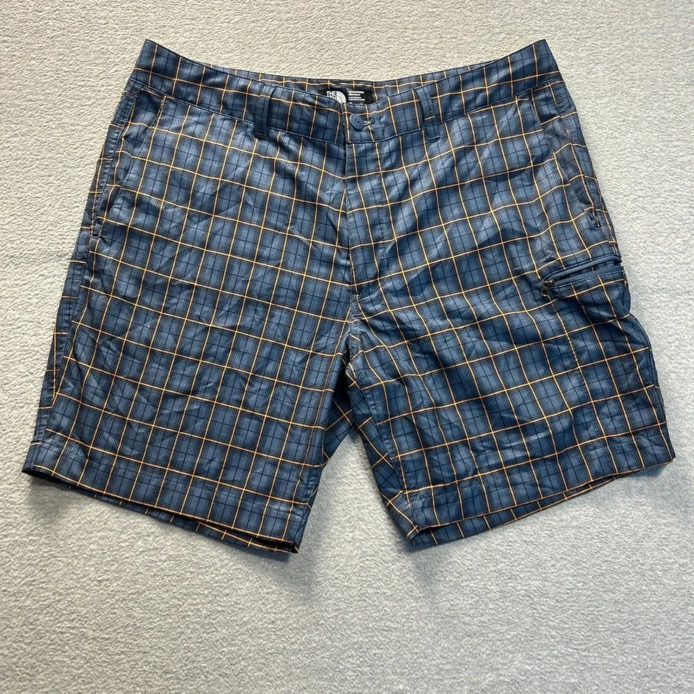 The North Face Cargo Shorts Mens 36 Blue Orange Plaid Outdoor Hiking Casual Fit