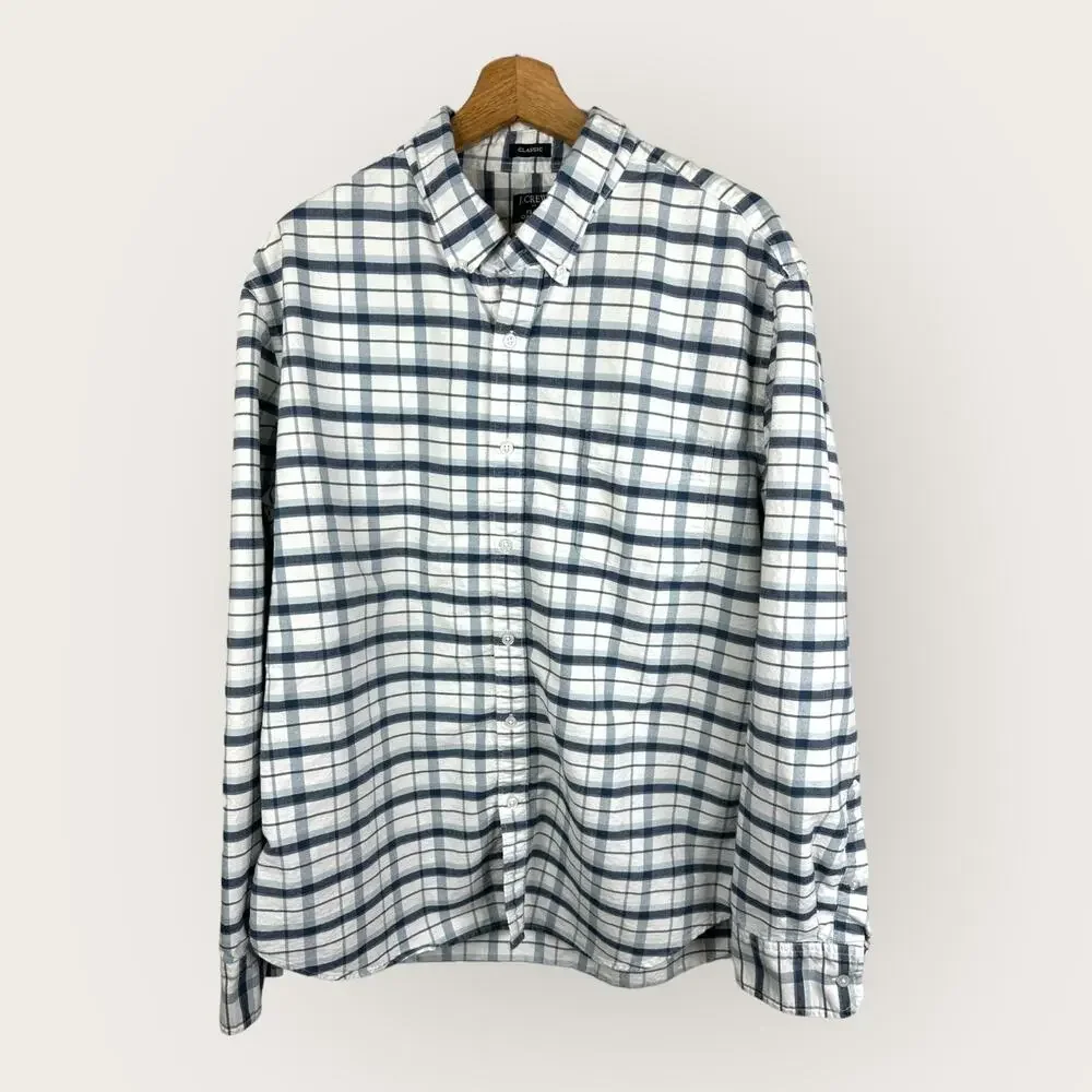 J Crew Mens size XL Plaid Classic Flex Oxford Shirt Long Sleeve Button Down Blue