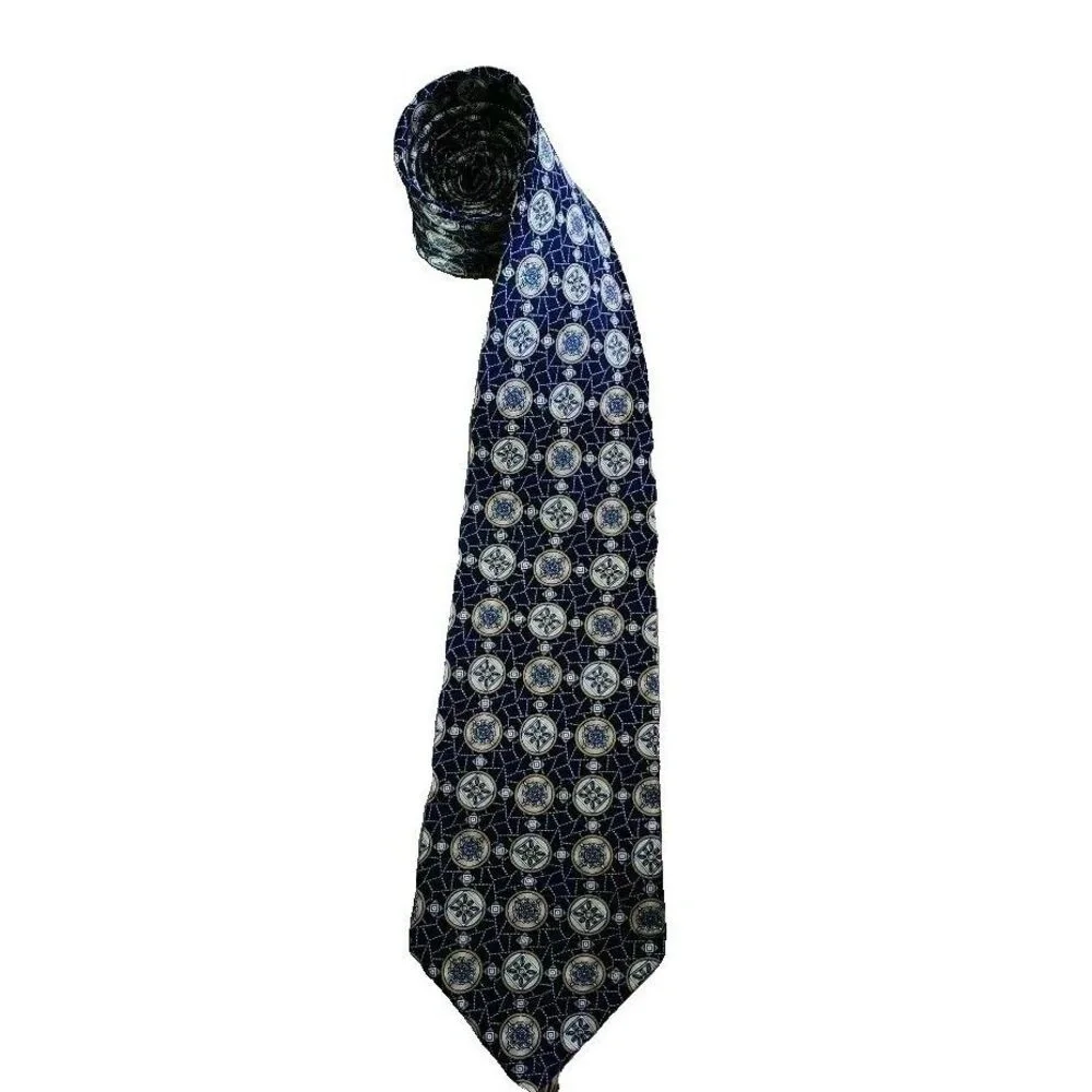Henry Grethel Mens Tie Black Geometric Print 100%‎ Italian Silk