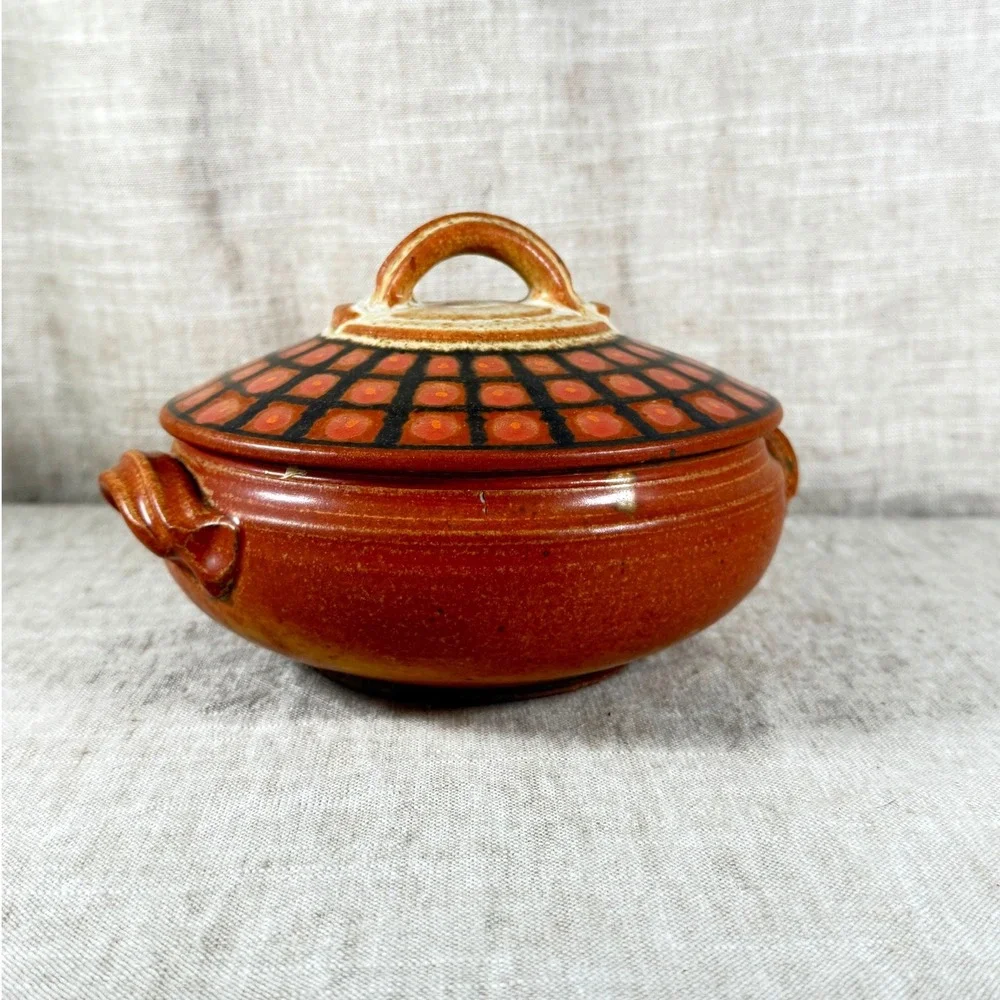 Vintage Studio Pottery Covered Casserole Dish Hand Thrown Stoneware MCM