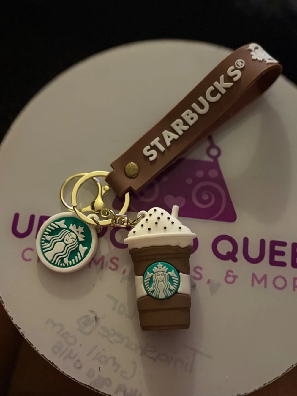 Starbucks Brown Wristlet Keychain with Green Logo Cup Charm