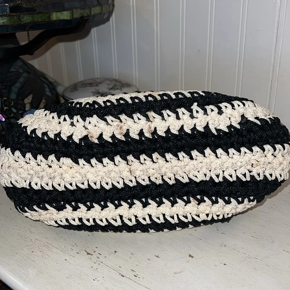 50's Vintage woven handbag satchel black cream 12.5” w x 7” t x 5” d