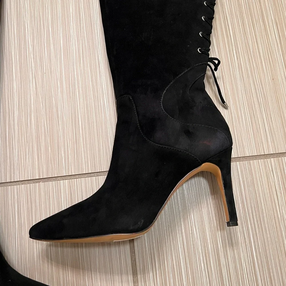Adrienne Vittadini Over The Knee Black Suede Leather Boots 6 stiletto heel ties