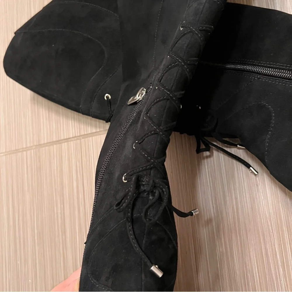 Adrienne Vittadini Over The Knee Black Suede Leather Boots 6 stiletto heel ties