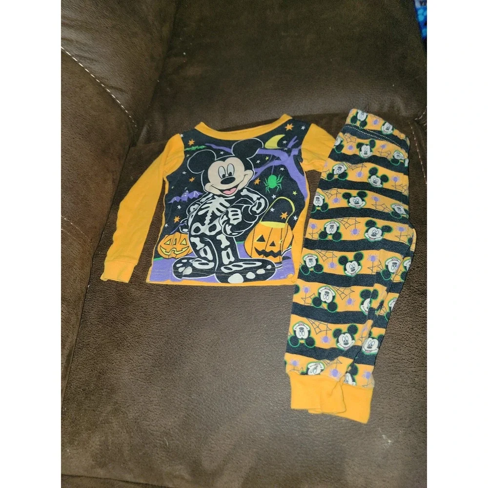 Disney mickey mouse fall Halloween skeleton pumpkin pajamas size 2t