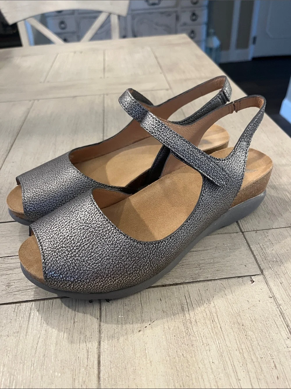 Dansko Metallic Silver Peep-Toe Slingback Wedge Sandals