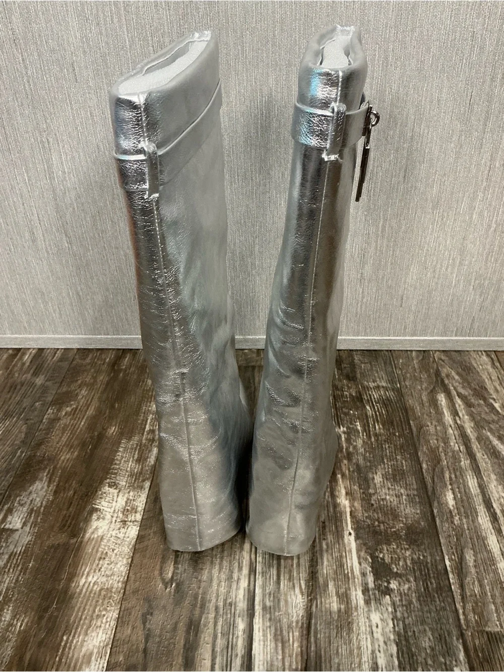NWOB Fashion Nova Metallic Silver Knee-High Wedge Boots Size 9