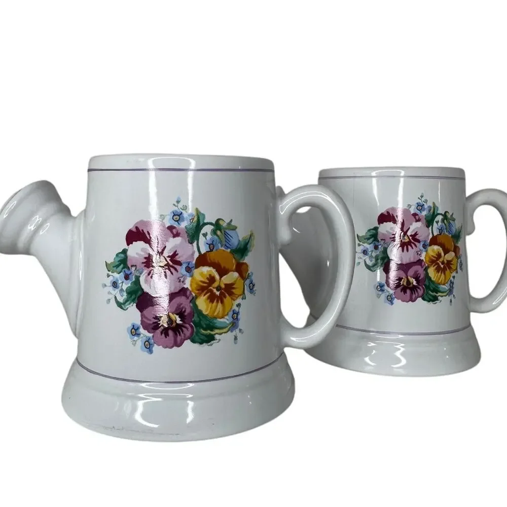 Hallmark Watering Can Mug Set Floral Garden Coffee Tea Cups Pair Vintage