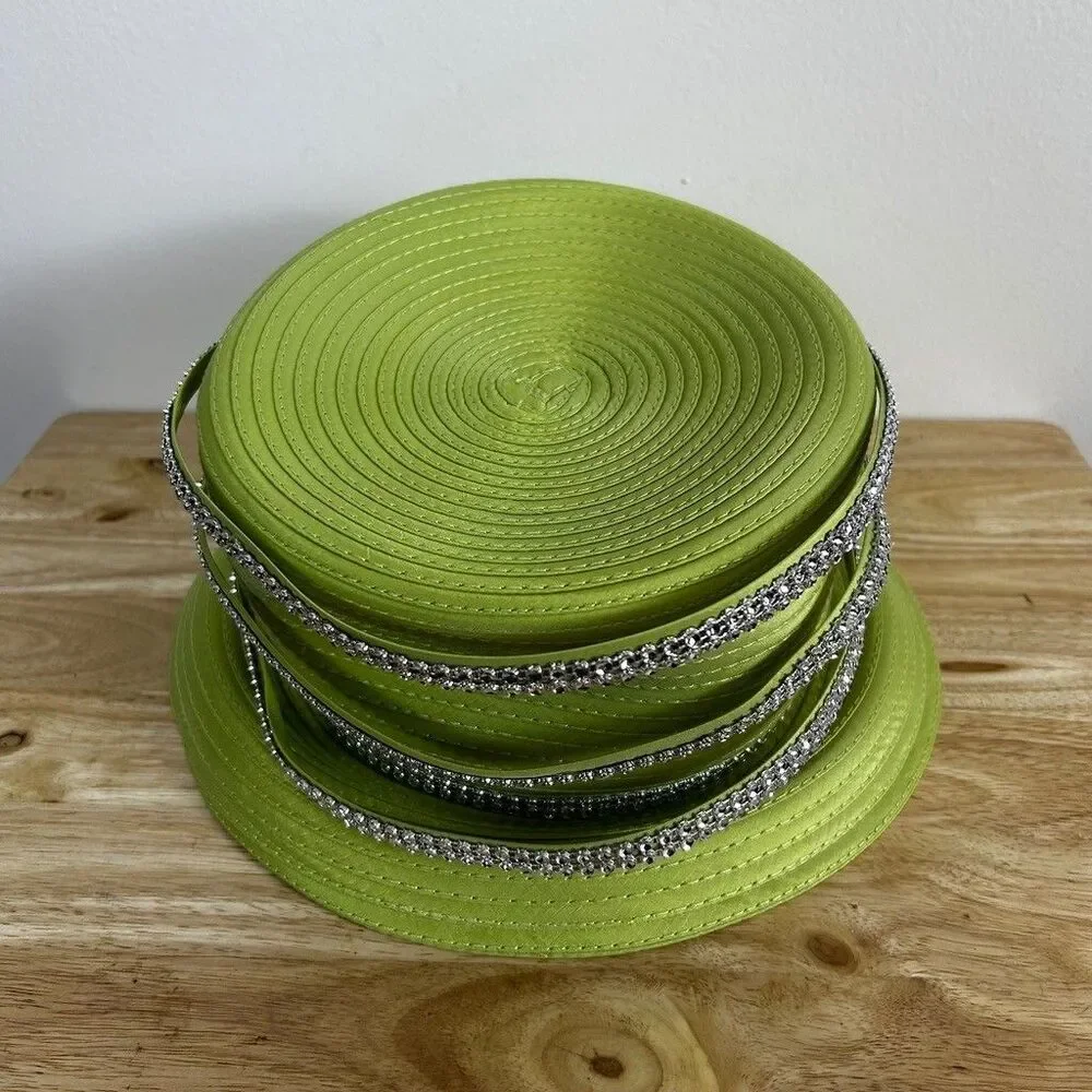 Vintage Lime Green Church Hat Rhinestone Bow Accent Derby Pillbox Style