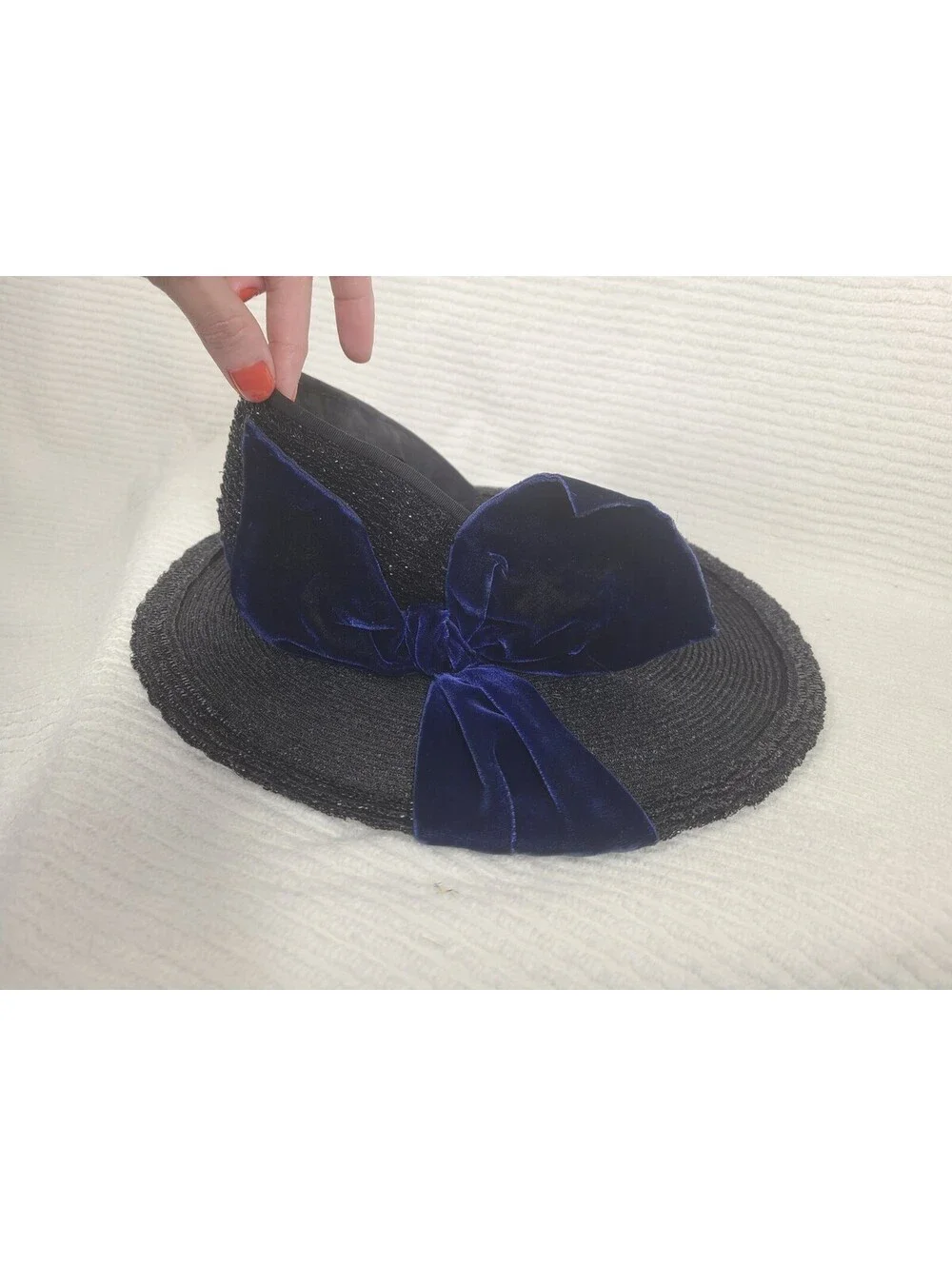 Vintage 1940s Saucer Hat Black Woven Straw Blue Silk Velvet Cloche Tilt Unique