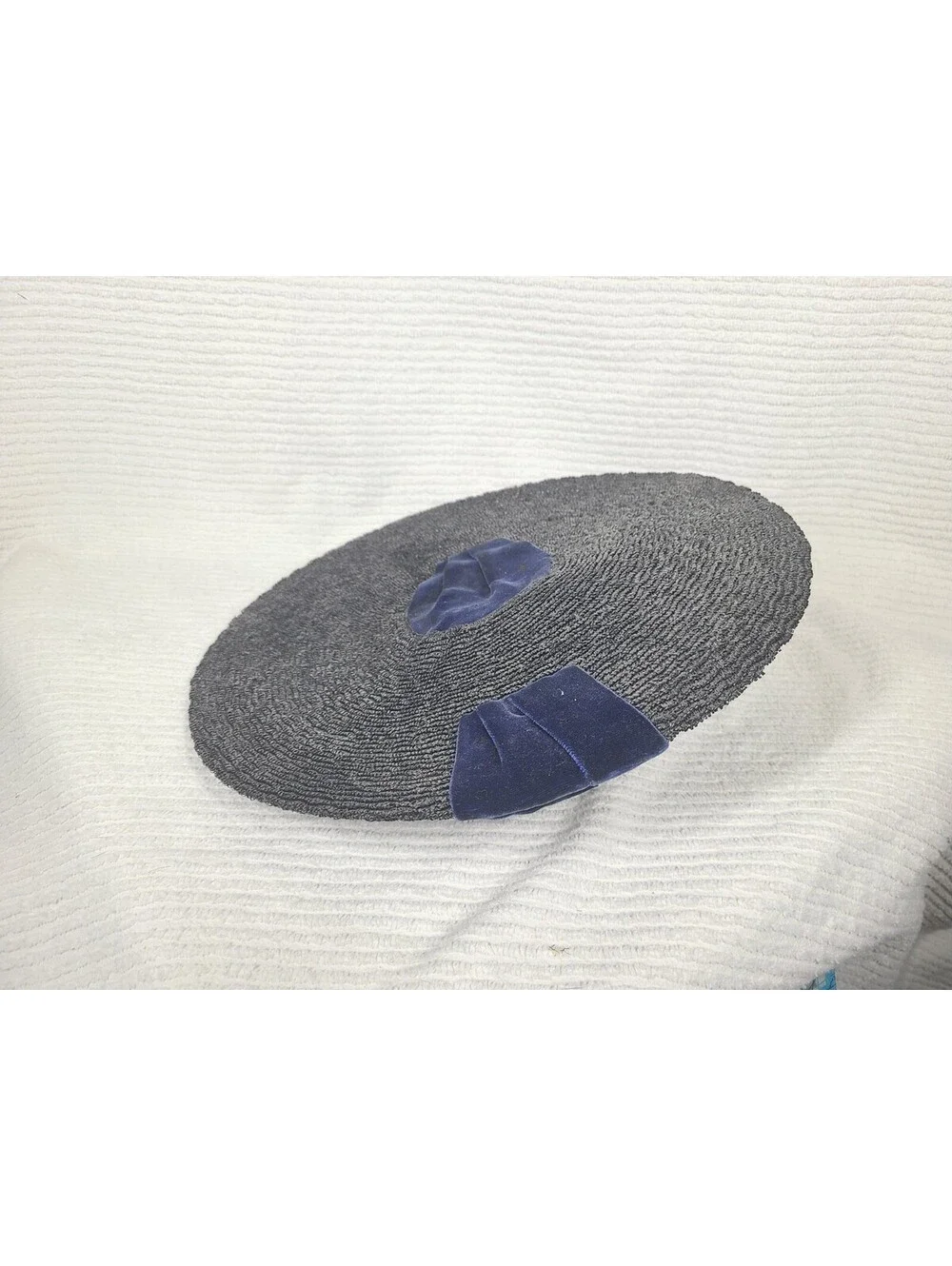 Vintage 1940s Saucer Hat Black Woven Straw Blue Silk Velvet Cloche Tilt Unique