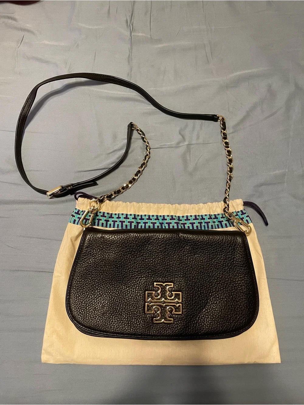 Tory Burch Black Pebbled Leather Chain Crossbody with Gold Logo
