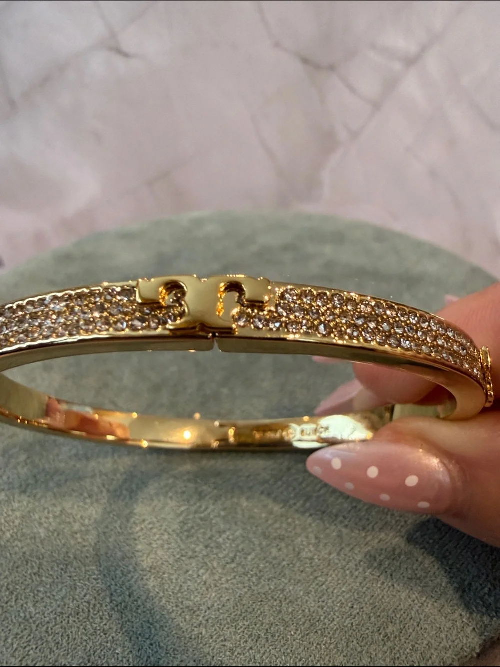 Tory Burch | Gold Plated & Pavé Hinged Bangle Bracelet | Medium