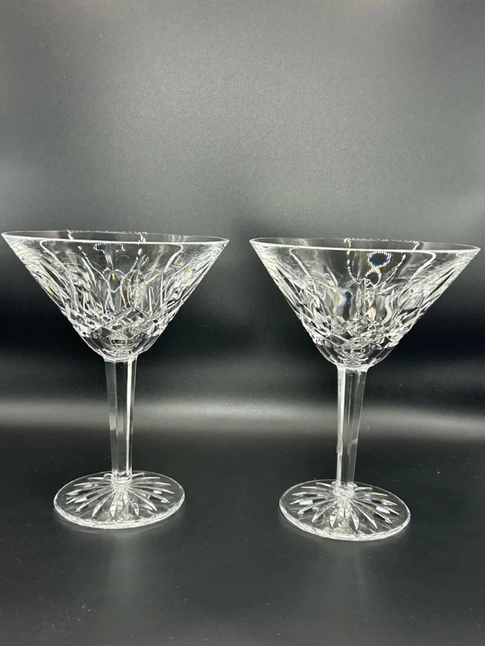 2 Waterford Crystal Lismore Martini Glasses Signed Seahorse Logo