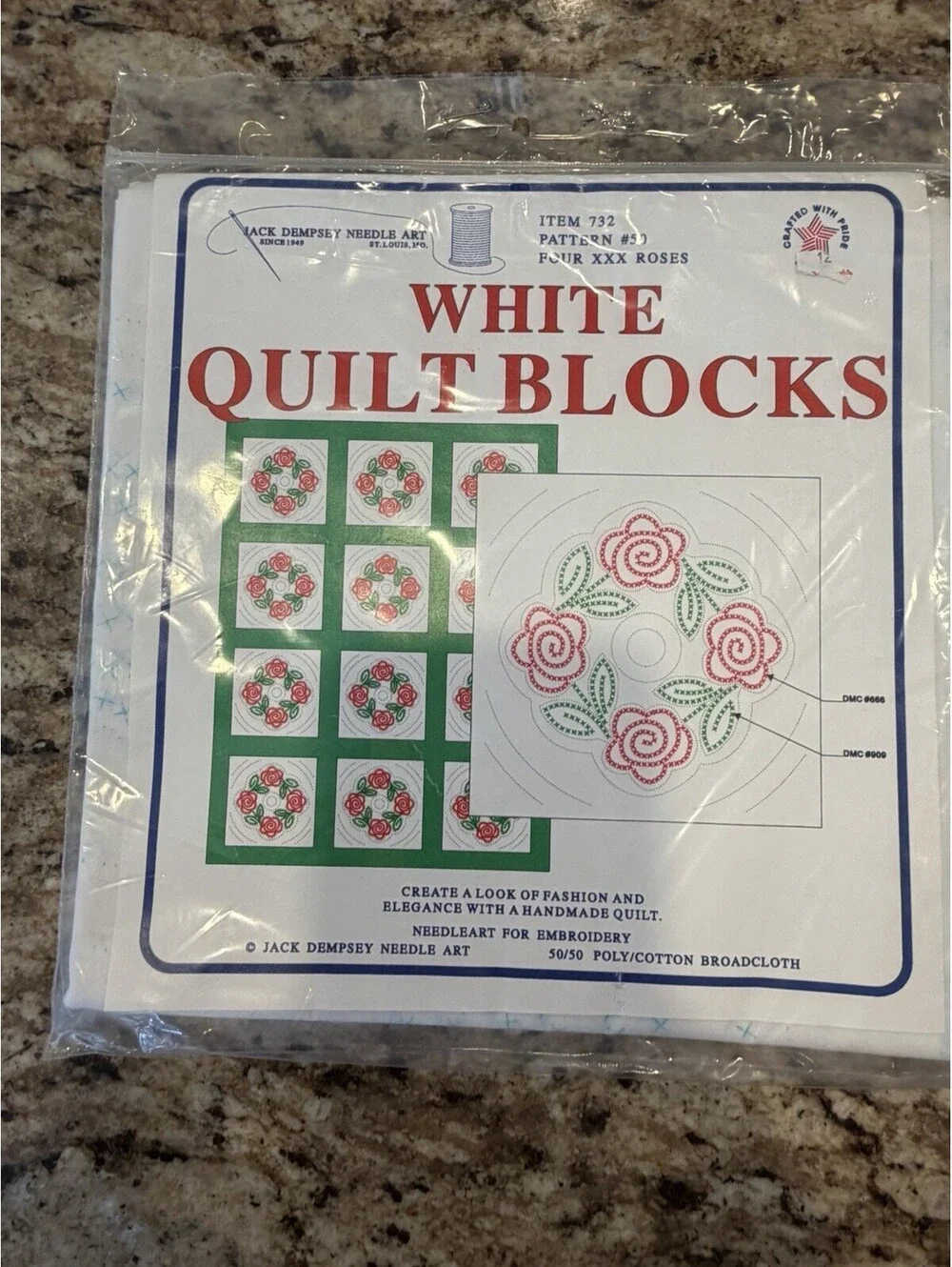 Vtg Rare Jack Dempsey White Quilt Blocks 18” Four XXX  Roses #50  New