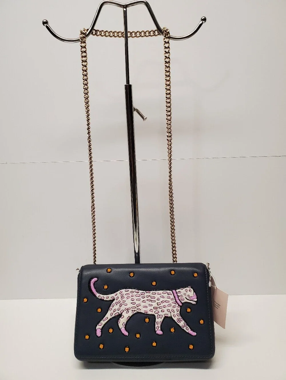 Kate SpadeNavy Leather Crossbody Bag with Embroidered Pink Panther
