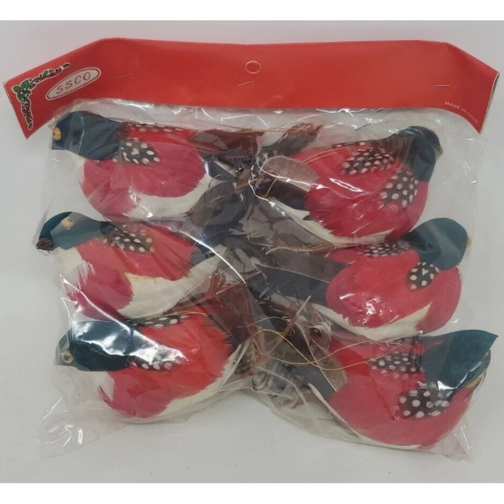 NOS Lot of 6 Red Cotton Spun Bird Christmas Ornaments Decore