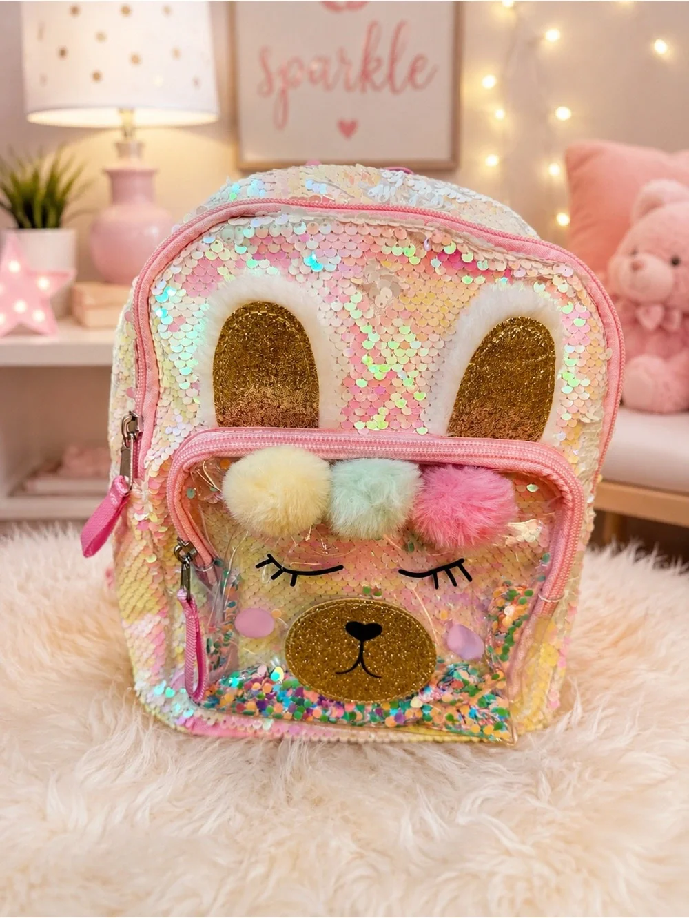 Cat & Jack Pink Iridescent Sequin Llama Backpack with Gold Accents