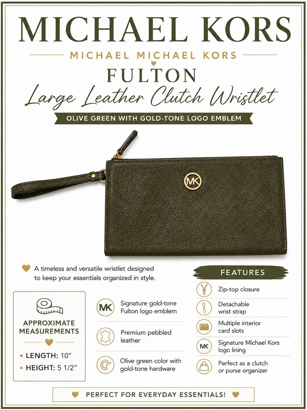 Michael Kors Fulton Large Leather Clutch Wristlet Olive Green Gold Logo