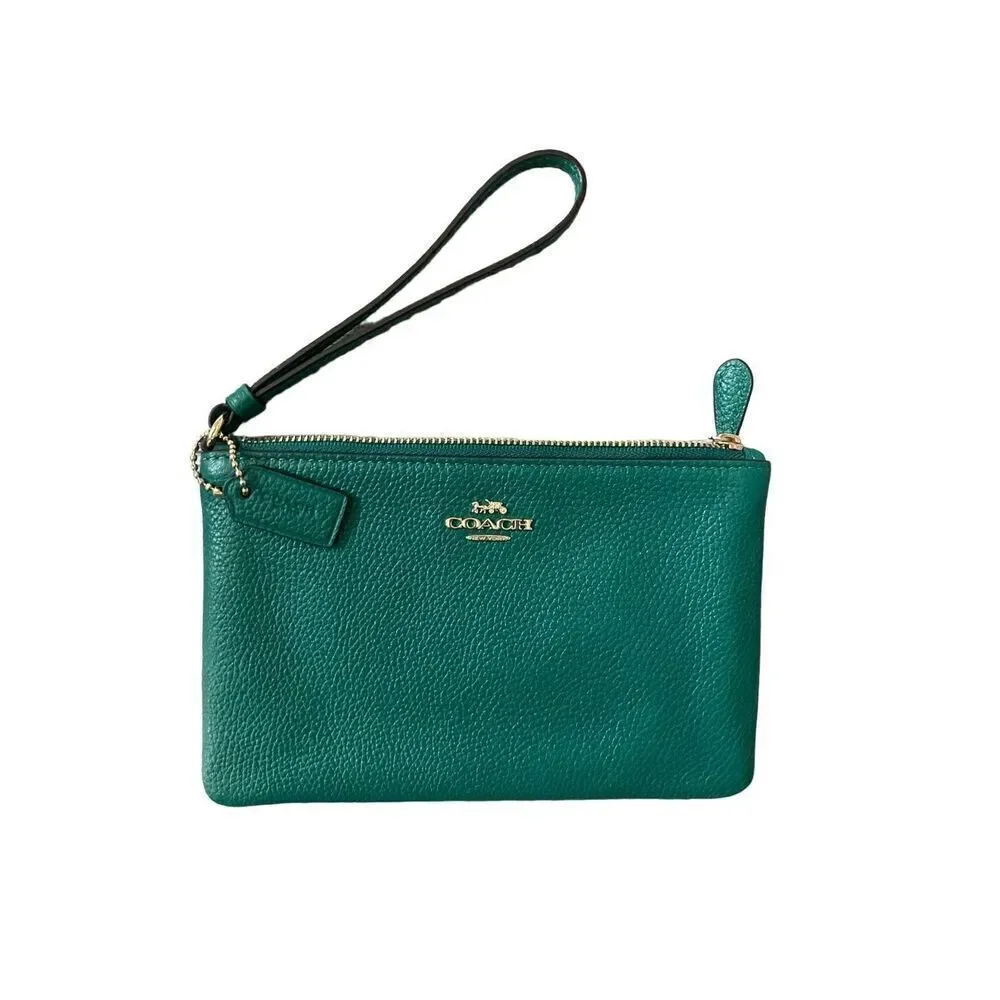 Coach Women's Green Solid Pebbled Leather Wrist Strap Zip Top Closure Wrislet