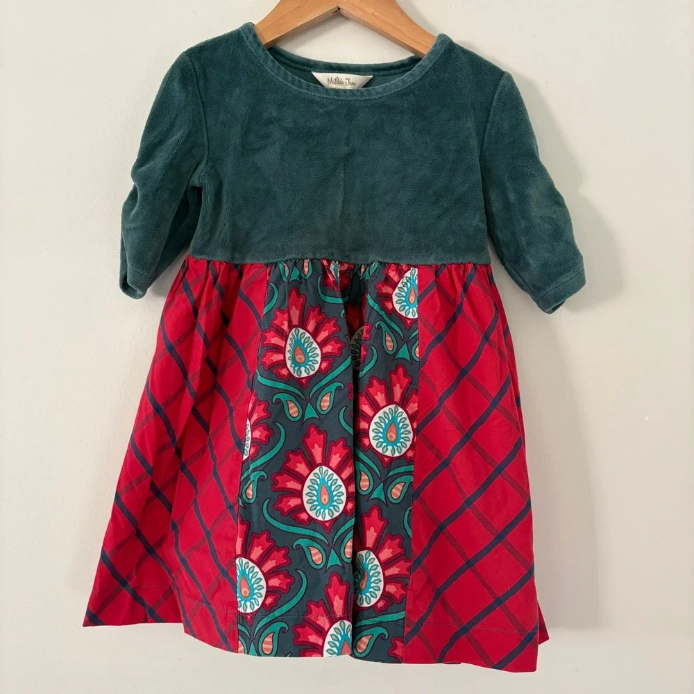 Matilda Jane Dress Girls‎ Size 4 Plaid Floral Green Velvet Top