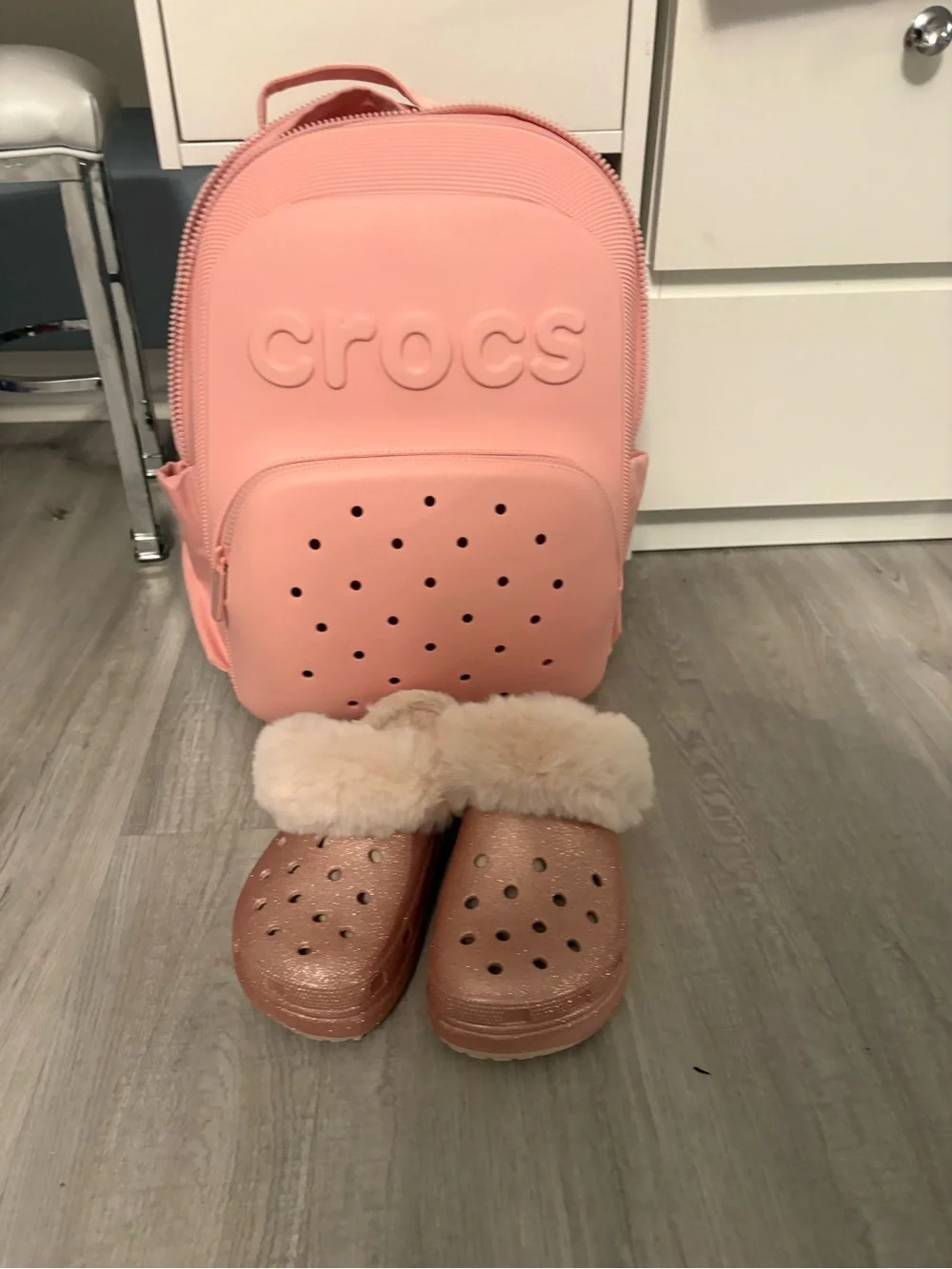 CROCS Pink Backpack with Rose Gold Slip-On Shoes