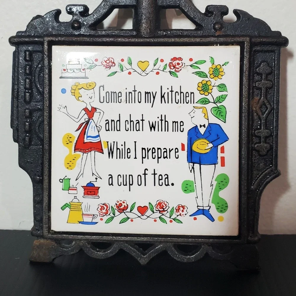 Vintage Cast Iron Ceramic Porcelain Trivet‎ Wall Hanging 1960's Lego Japan