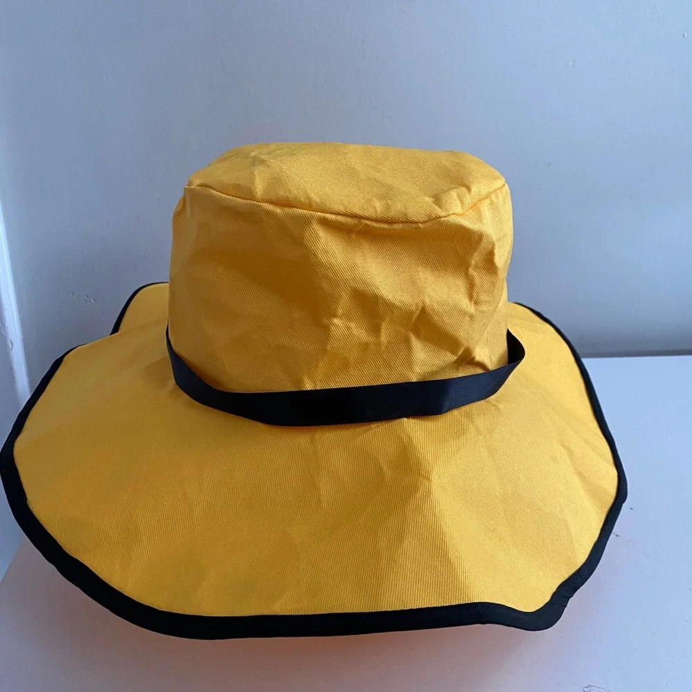 Sun Hat Womens OS Yellow Excellent Wide Brim Black Trim Beach‎ Summer