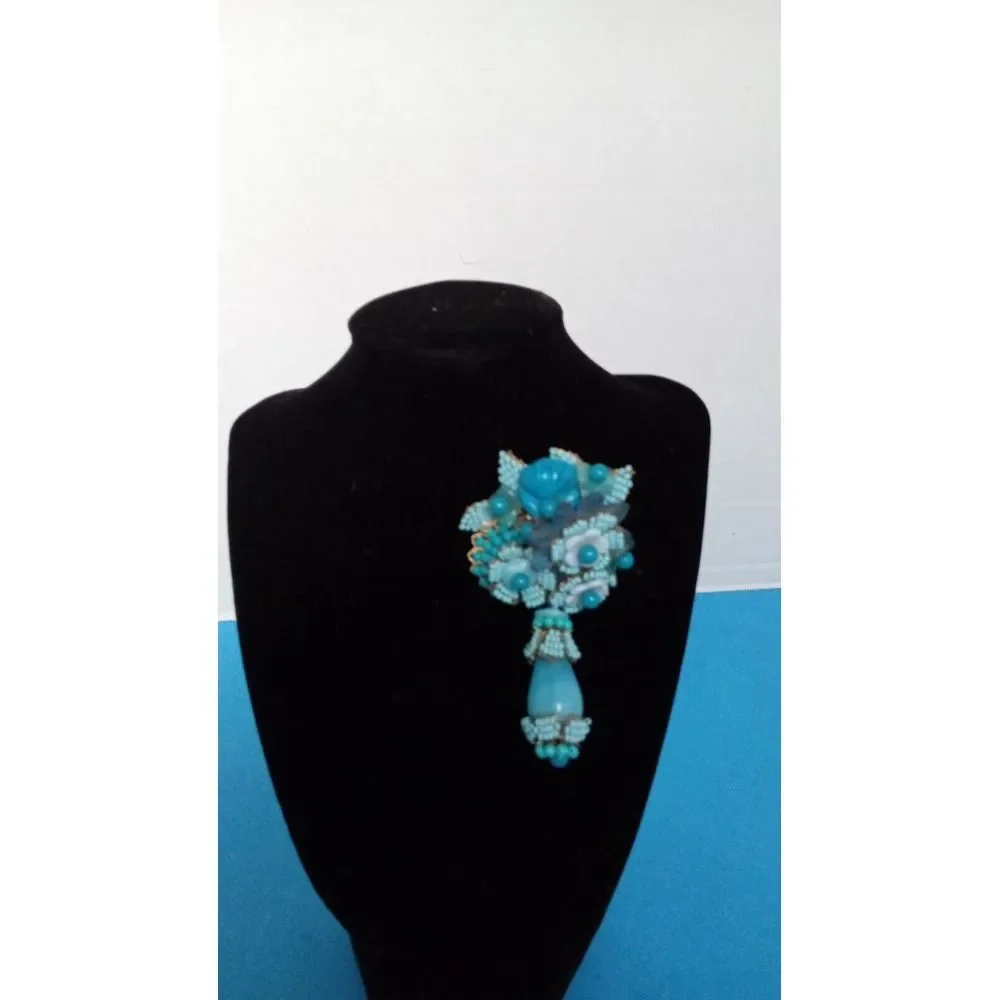 Vintage Turquoise Brooch‎ Beaded Floral Dangle Pin Statement Jewelry