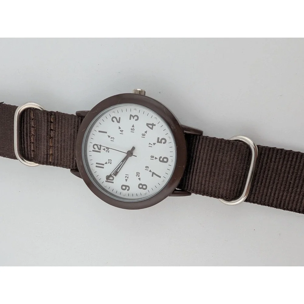 Xhilaration Watch Men 41mm Case Military Time Brown Canvas Strap-‎ New Battery
