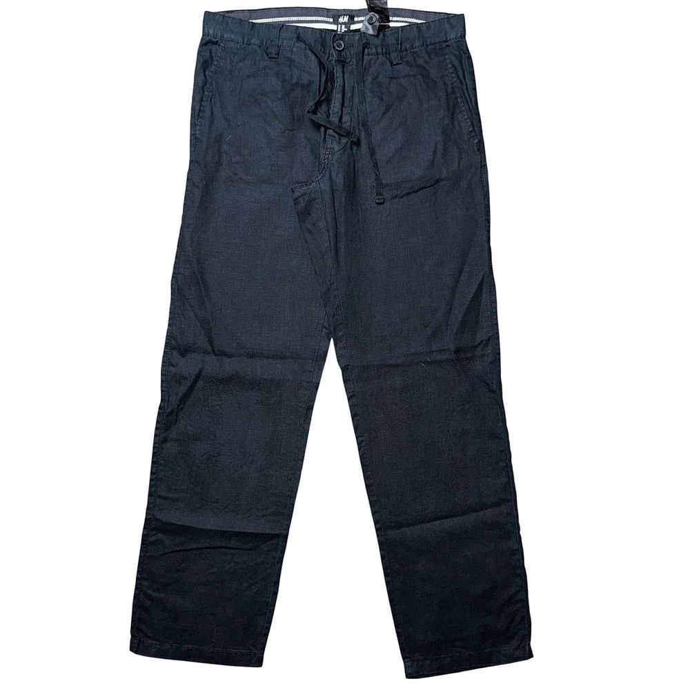 H&M Black 100% Linen‎ Straight Leg Drawstring Pants 33R Womens Mens Casual