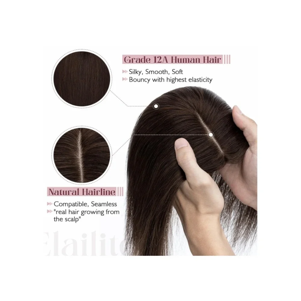 Real Human Hair Topper Women 6in Dark Brown Silk Base Clip In Hairpiece Brunette