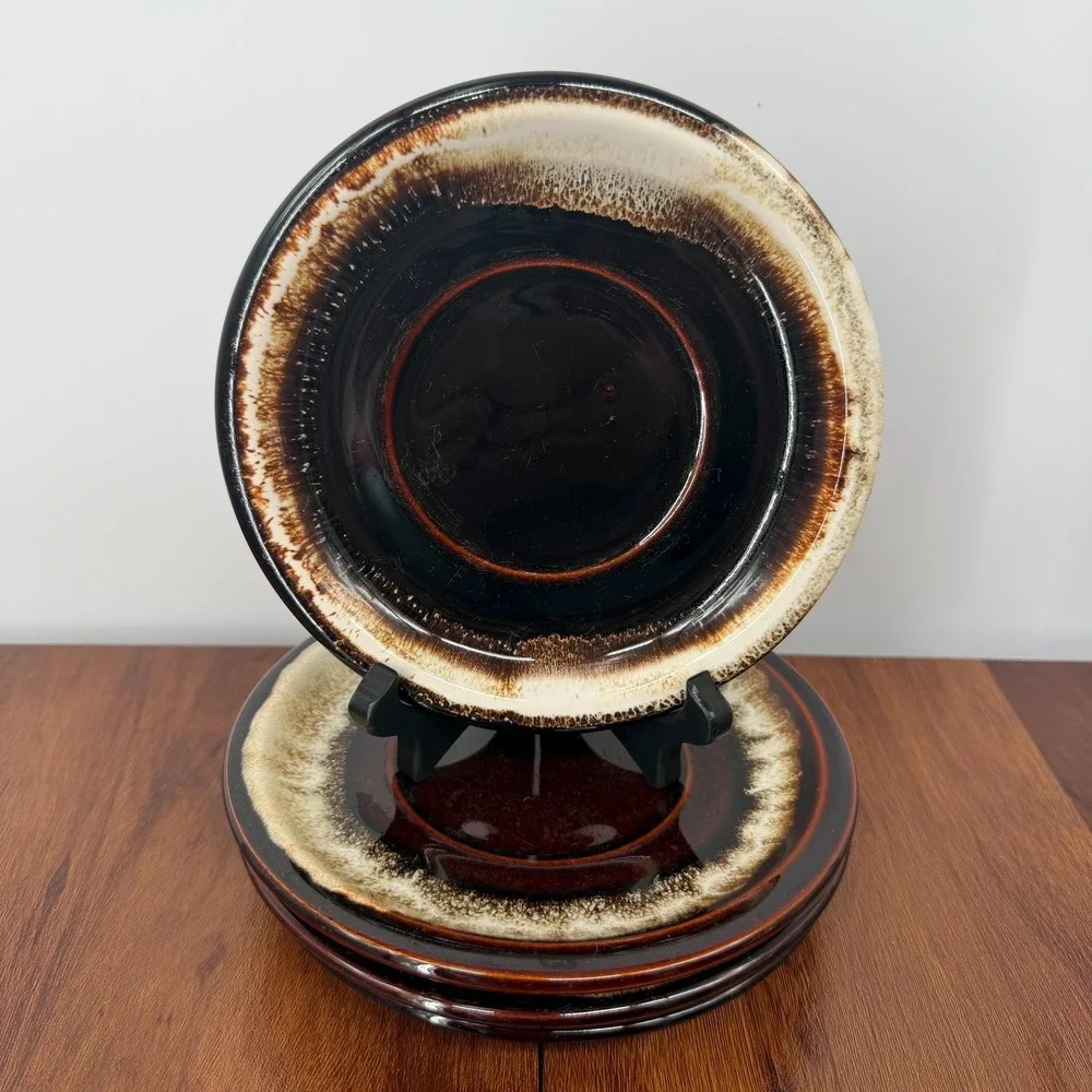 Pfaltzgraff 1970s Stoneware Brown Drip Glaze Saucer Plates Set of 4 6.25